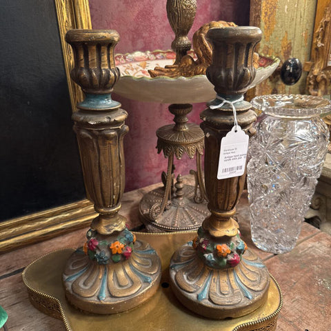 Antique hand painted plaster candle stick pair