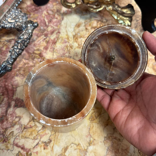 Brown alabaster box with deer finial (as is)
