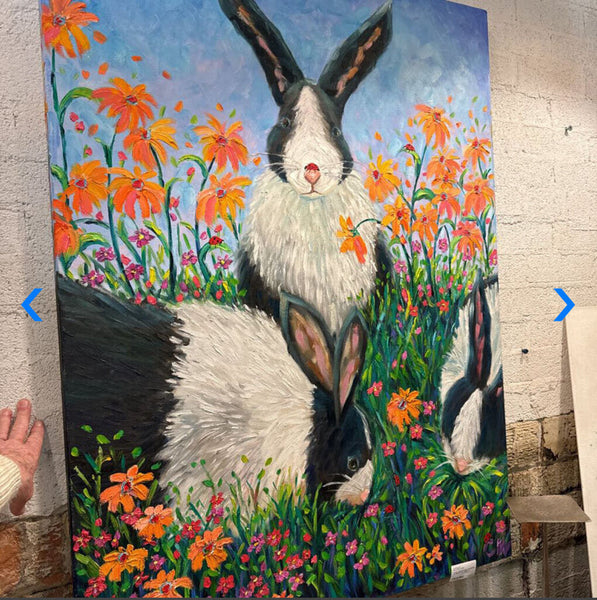 Rabbits bunnies painting original artist signed acrylic