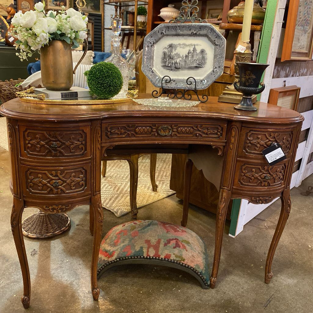 Vintage French Style Carved Wood Kidney Desk (as found)) 42"w x 28"h x 18"d IN STORE PICKUP ONLY