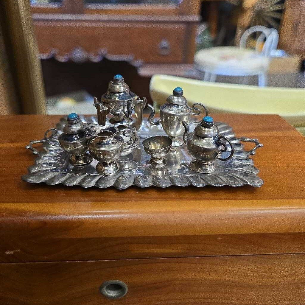 Sterling and turquoise 8 piece miniture tea set