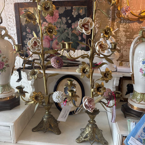 Vintage Brass French Candelabra W/ Porcelain Flowers 27"