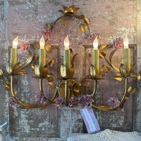 Vintage French Gilded Wall Sconce w Porcelain Carnations