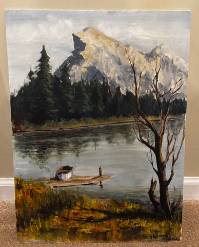 Vintage Landscape Painting on Board of Rowboat and Mountain 20H x 15W
