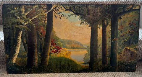 Antique Landscape Painting on Board "The Dawn of Autumn" by DE Hunt