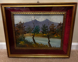 Antique Framed Landscape Painting w/Velvet Border (as found) 20.25W x 17.25H
