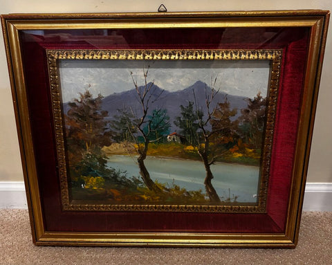 Antique Framed Landscape Painting w/Velvet Border (as found) 20.25W x 17.25H