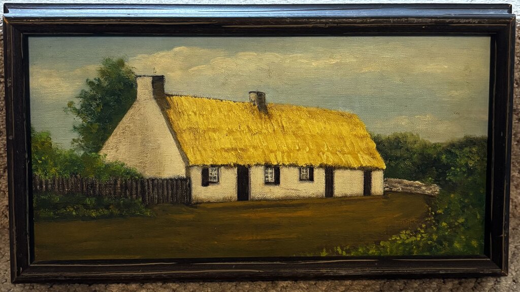 Vintage White Cottage Painting 13.5W x 7.5H