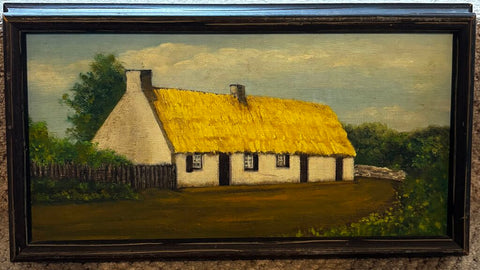 Vintage White Cottage Painting 13.5W x 7.5H