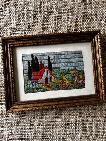 Vintage Framed Crewel of Cottage 8W x 6H