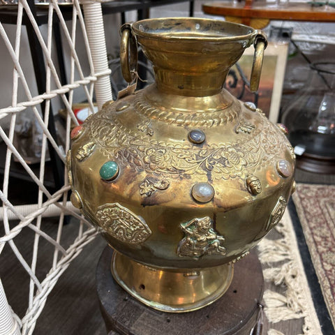 Antique Brass Urn w/Gem Stones Middle East or India 14" x 20"