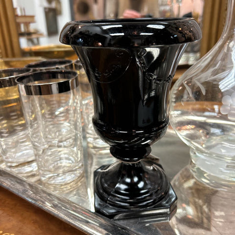 1930's Le Smith Glass Black Amethyst Embossed Garland Urn Vase 7.5"
