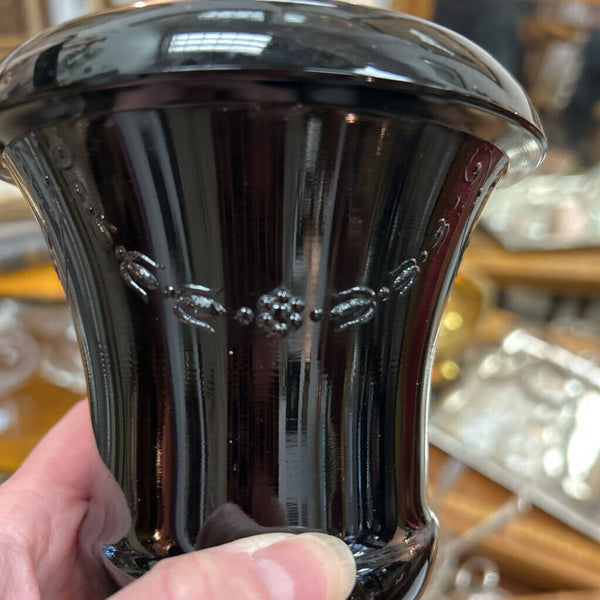 1930's Le Smith Glass Black Amethyst Embossed Garland Urn Vase 7.5"