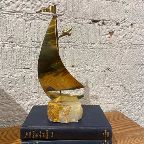 Vintage Signed Brass Sailboat on Onyx Base 9"h x 4"w