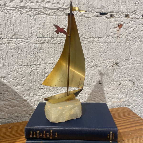 Vintage Signed Brass Sailboat on Onyx Base 9"h x 4"w