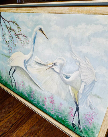VINTAGE HERRON PAINTING ON CANVAS, FRAMED AND SIGNED 28" x 40". IN STORE PICKUP