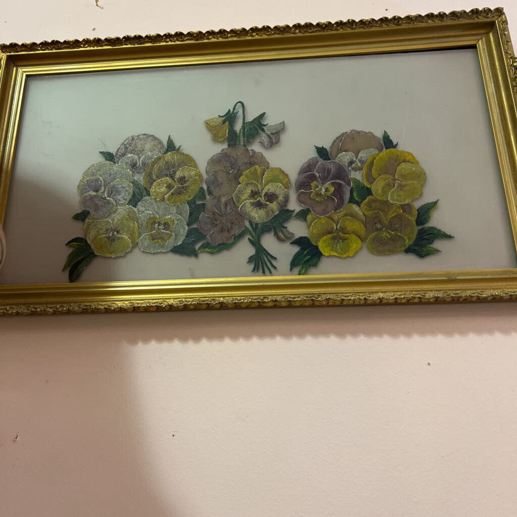 Framed oil, Pansies on glass, 20" x 11 1/2"