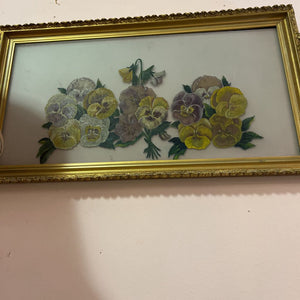 Framed oil, Pansies on glass, 20" x 11 1/2"
