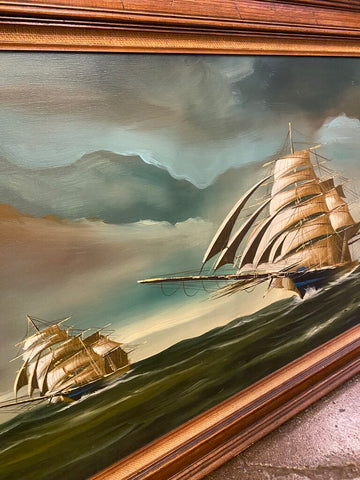 Large Vintage Maritime Signed Oil Dioniji Ship Seascape Artwork 56"w x 31" IN STORE PICKUP ONLY