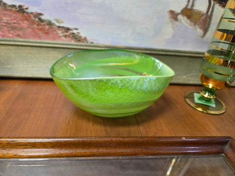 Green art glass bowl 7 x 4.5 x 3 tall