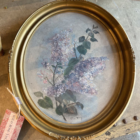 Antique Oval Oil Painting Lilacs
