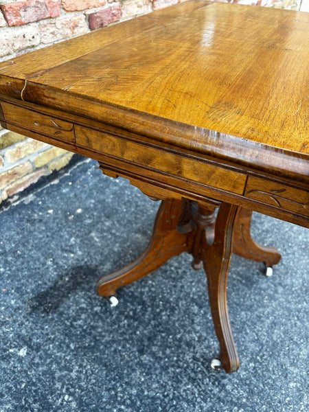 Antique Walnut Entry Side Table Carved Pedestal Eastlake 27W x 19.5D x 28.25H (in store PU)