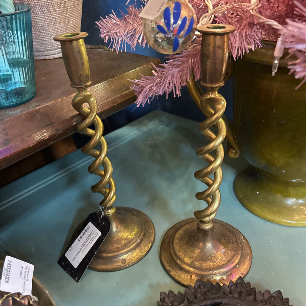 Pair of Heavy Vintage Brass Helix Candlestick Holders