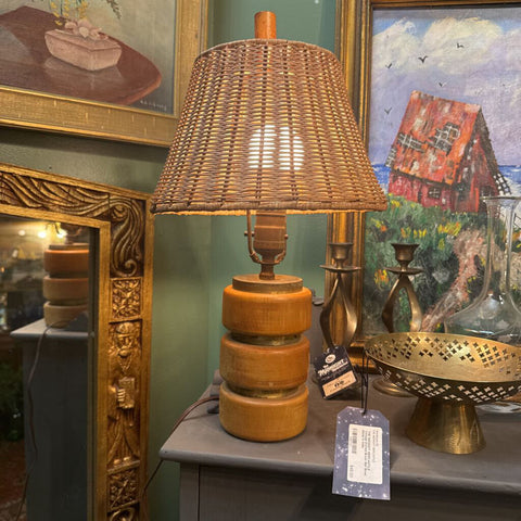 Vintage MCM Brass and Wood Lamp w/ Woven Wicker Shade