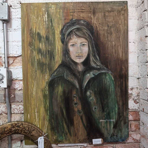 Very Cool Large SignedVintage Portrait Of Girl Painting on Board 27x27 IN STORE PICK UP ONLY