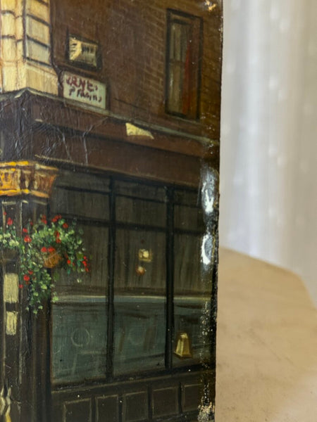 Small vintage oil on board painting of a cafe