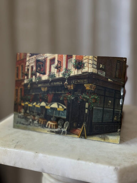 Small vintage oil on board painting of a cafe