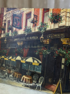Small vintage oil on board painting of a cafe