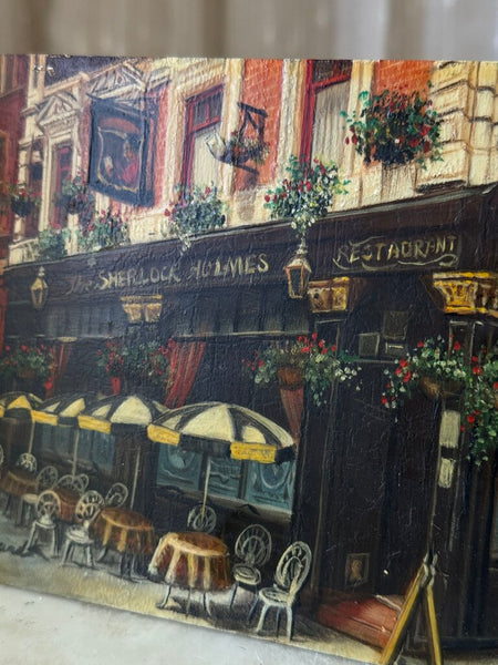 Small vintage oil on board painting of a cafe