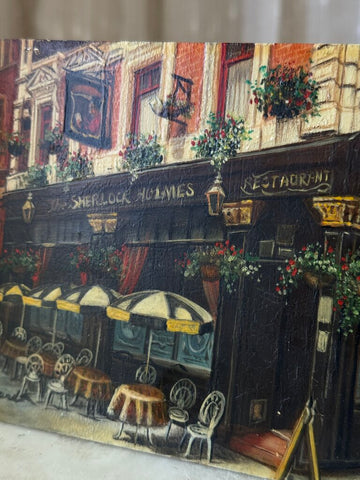 Small vintage oil on board painting of a cafe