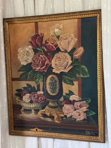 Early vintage art oil on board floral still life painting