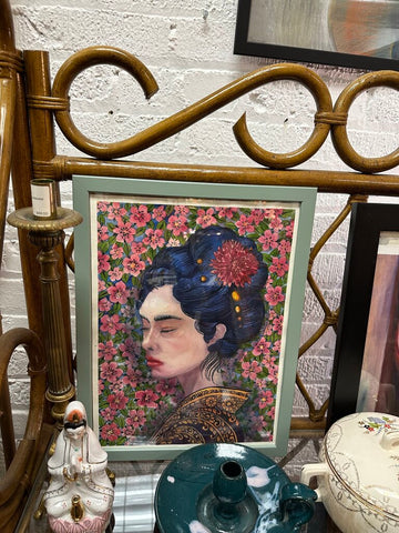 Modern Asian floral portrait watercolor framed art artist signed