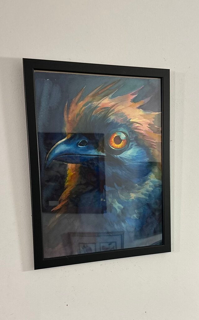 Watercolor blue bird framed artist signed art