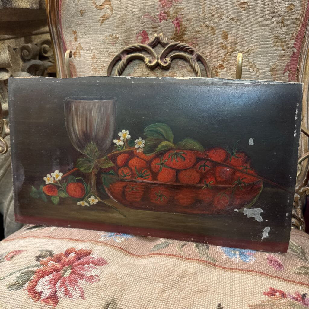 Antique art - strawberry oil on academy board still life painting