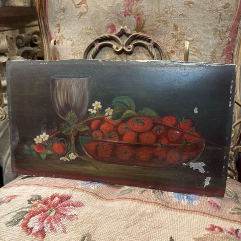 Antique art - strawberry oil on academy board still life painting