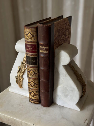 Alabaster and brass leaf mount bookends pair