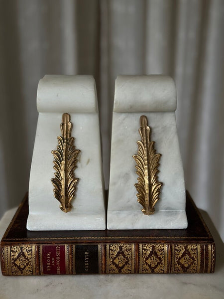 Alabaster and brass leaf mount bookends pair
