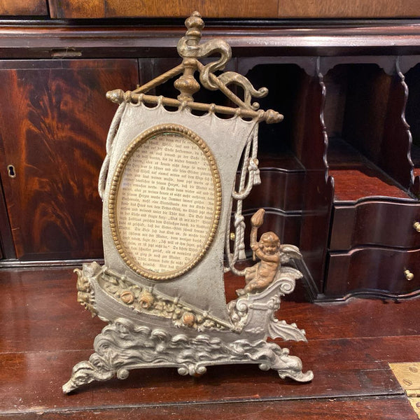 Antique Bronze/Brass Nautical Viking Ship w/ Cherub Frame 9" x 14"