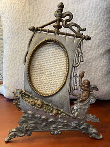 Antique Bronze/Brass Nautical Viking Ship w/ Cherub Frame 9" x 14"