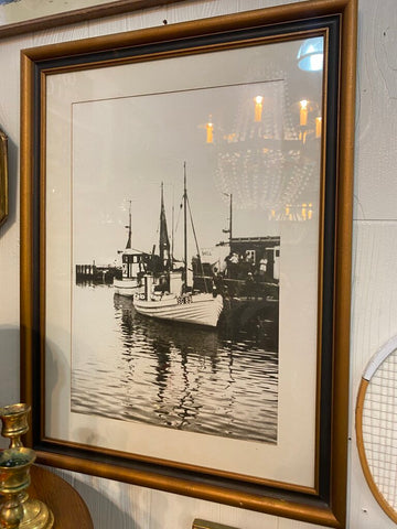 Vintage Black and White Fishing Boat Artwork 18" x 24"