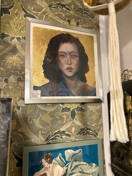 Artist signed female portrait painting gold embellished