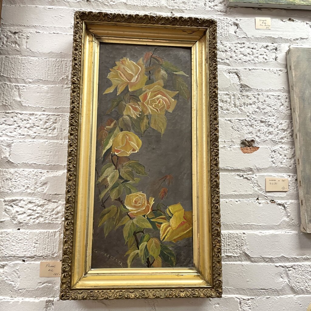 Moxie - C Wickersham Victorian Yellow Rose Painting on Board - 14 x 27