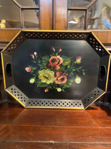Vintage Hand Painted Tole Floral Tray 20" x 15"