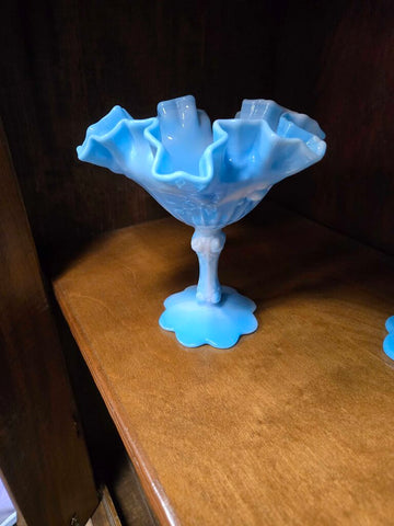 Blue marble slab glass ruffled dish 6.5 tall