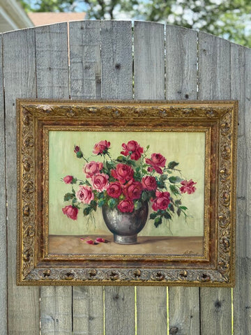 Vintage Pink floral still life art oil on board