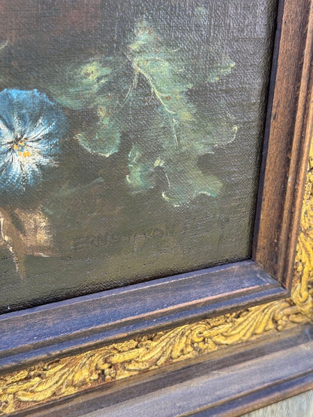 19th century European fruit/floral still life oil on canvas art with moth